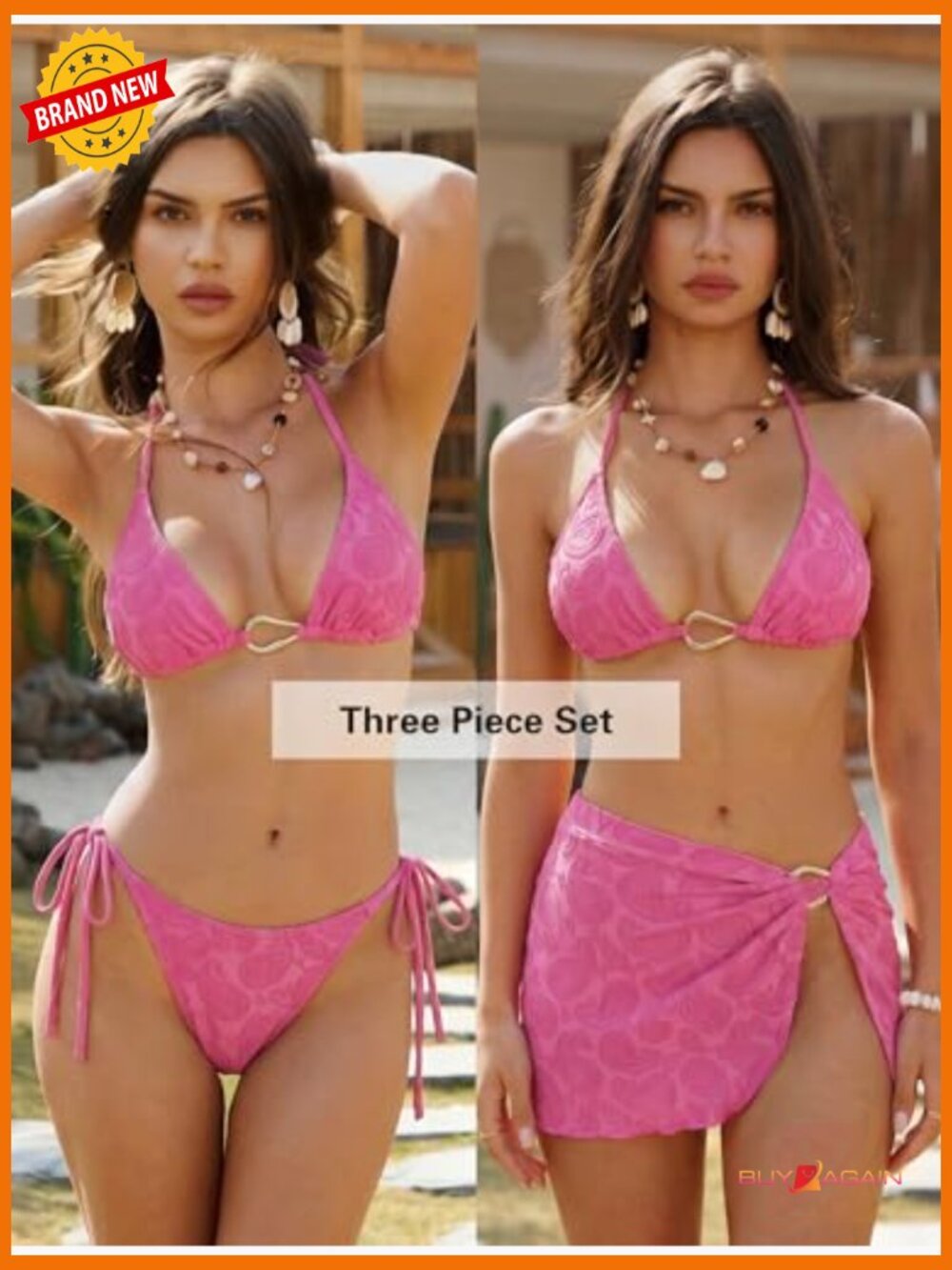3 Piece Bikini Set with Cover Up Skirt Halter Tie Side - Picture 4 of 7